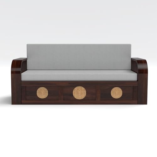 Image of Kunjal Furniture Solid Sheesham Wood Sofa Cum Bed with Storage for Living Room | Natural Finish | 3-Seater Convertible Sofa Bed | Handmade Wooden Furniture (Walnut, Round Cane)
