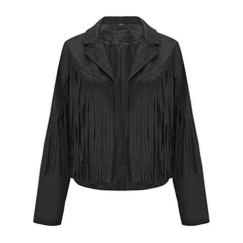 Womens Fringe Jacket Tassel Cropped Outwear Long Sleeve Cardigan Motor Biker Jacket Cover