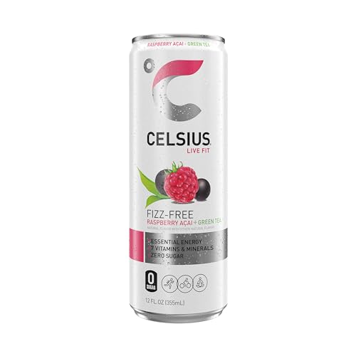 CELSIUS Raspberry Acai Green Tea, Functional Essential Energy Drink 12 Fl Oz (Pack of 12) Packaging may vary