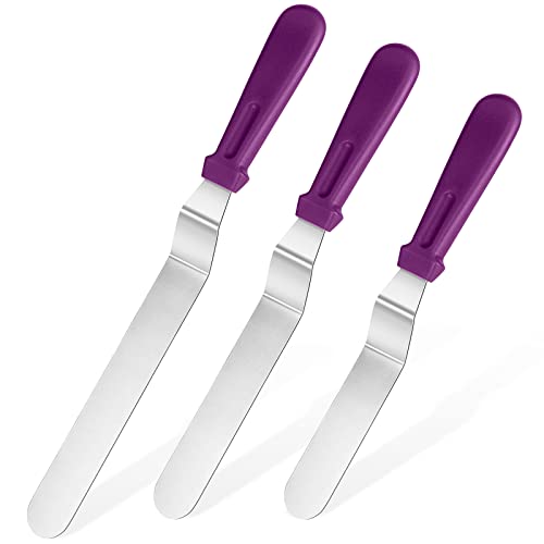 U-Taste Icing Spatula Set of 3: 18/0 Stainless Steel Cake Palette Knife, Angled Offset Spatula for Baking Cake Decorating Frosting, 15/20/25cm Metal Blade with 12cm PP Plastic Handle (Purple)