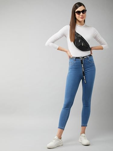 Image of Miss Chase Women's Skinny High Rise Cropped Fringed Hemline Detailing Stretchable Denim Jeans