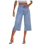 Pamqsen Baggy Jeans Damen High Waist mit Kordelzug Capri Jeans Wide Leg Hohe Taille Stretchjeans Sommer 3/4 Caprihose Weites Bein Denim-Hose mit Taschen Y2k Sommerjeans Damenjeans