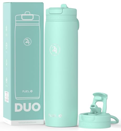 Fuel24 Duo - Stainless Steel Water Bottle 700ml or 1L - Vacuum Insulated Metal Flask with Straw (Dual use Lid) 1 Litre - for Sports, Gym, Work – Slim Design (Mint, 700 ml)