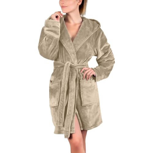 Genérico Albornoz de baño para mujer de felpa cálida y cómoda, invierno con capucha, vestido de dormitorio para mujer esponjoso con cordones y bolsillos, vestidos de pijama color sólido ropa de dormir
