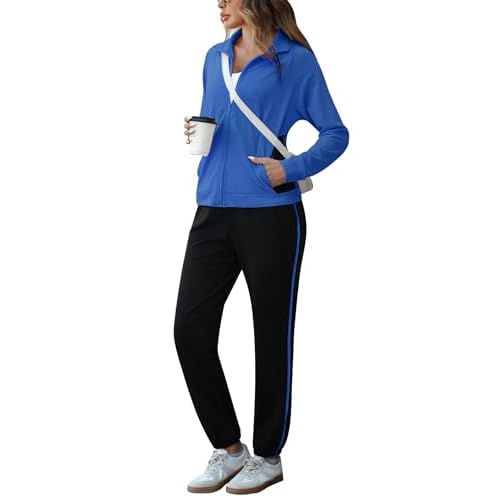 Marvmys Color Block Tracksuit for Women 2 Piece Outfits Fall Sweatsuits Zip Up Jogging Suit Long Sleeve Jogger Lounge Sets Blue Large