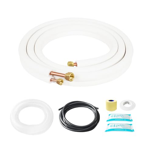 RUNZEG 10FT Mini Split Line Set 1/4' & 3/8' O.D Copper Pipes Tubing with Nuts & Installation Kit, 3/8' White Thickened PE Insulation Coil for Air Conditioning or Heating Pump Equipment & HVAC