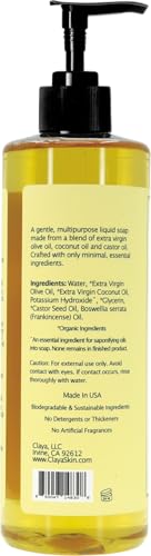 Image of Claya Frankincense Liquid Castile Soap - Organic Ingredients, Biodegradable, Aromatic with Citrus and Spice, Gentle for Skin (16 fl oz (Pump Cap) and 64 fl oz)