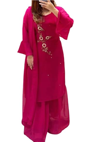 GenericRazim World RW-304-Women Fashionable Georgette Embroidered Stone Work Kurta, Palazzo & Dupatta Set for Wedding, Party & Festivals