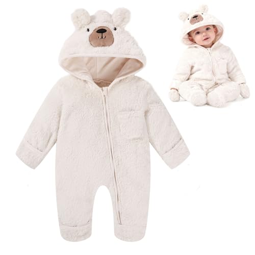 ChYoung Baby Snowsuit Onesie Newborn Baby Girl Boy Clothes Bear Hooded Footed Fleece Romper Fall Winter Outfits (White 3-6 Months)