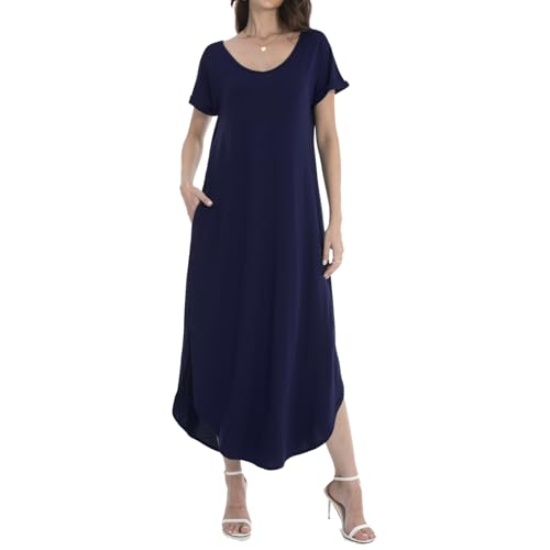 Image of Matchstick Women's Flowy Maxi Dress V-Neck Relaxed Loose Fit Short Sleeve Casual Sundress with Pockets Side Split Beach Dress