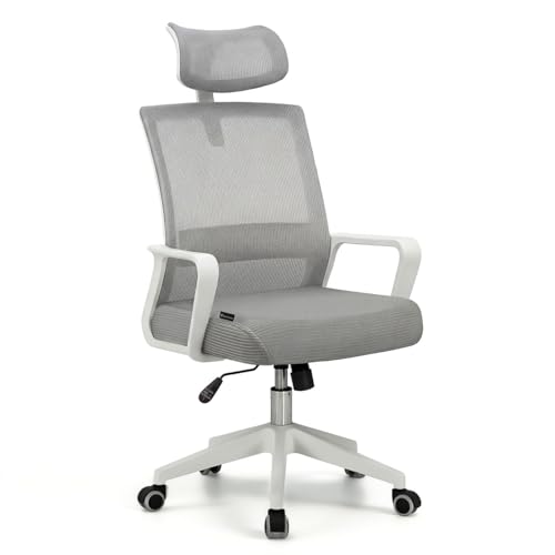 duehome | Silla de Oficina Ergonómica, Silla de Escritorio, Modelo Dafne, Acabado en Gris y Blanco, Medidas: 55 cm (Ancho) x 51 cm (Largo) x 111 121 cm (Alto)