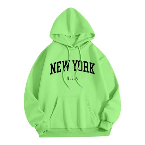 Men's Oversized Pullover Letter Print Graphic Hoodies New York Long Sleeve Sweatshirts Y2K Streetwear with Pockets