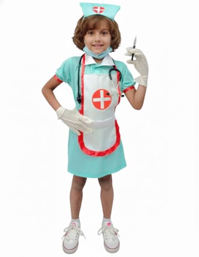 Image of BookMyCostume Kids Nurse Costume for Girls | 6-Pc Professional Community Helper Uniform with Dress, Cap, Stethoscope, Syringe, Gloves & Mask | Pretend Role Play Costumes | 8-10 Years
