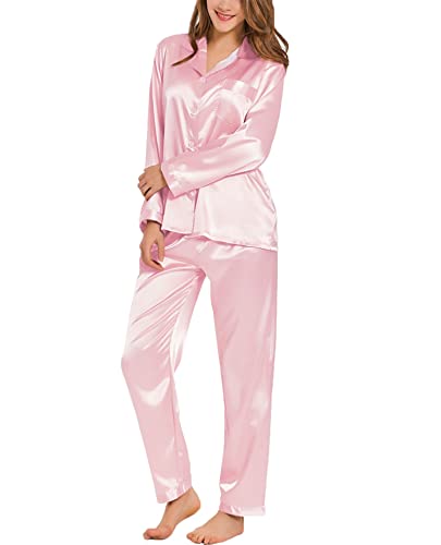 Image of SWOMOG Long Sleeve Pajamas Set Silk Satin Sleepwear Button Down Pjs Loungewear with Pocket