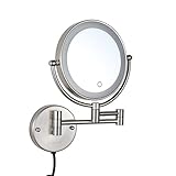 Wall Mounted Lighted Makeup Vanity Mirror 8 Inch Double Sided 1X 10X Magnifying Bathroom Mirror, Touch Screen Dimming, Extended Arm 360 Rotation Shaving Light up Mirror, Brushed Nickel