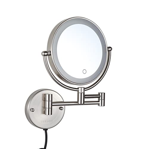 Wall Mounted Lighted Makeup Vanity Mirror 8 Inch Double Sided 1X 10X Magnifying Bathroom Mirror, Touch Screen Dimming, Extended Arm 360 Rotation Shaving Light up Mirror, Brushed Nickel