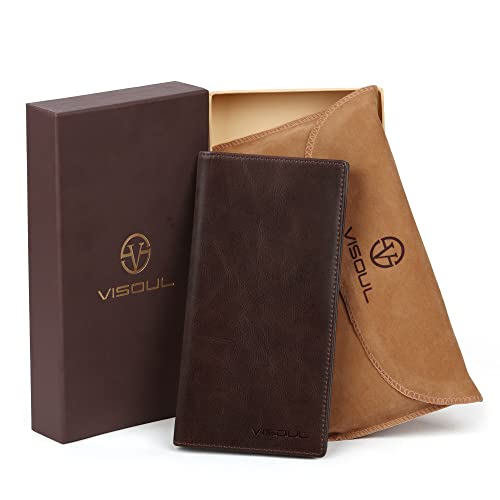 Image of VISOUL Leather Checkbook Cover Wallet for Men with RFID Blocking, Mens Long Bifold Cash Tall Wallet with 11 Credit Card Slots 1 ID Window (Coffee)