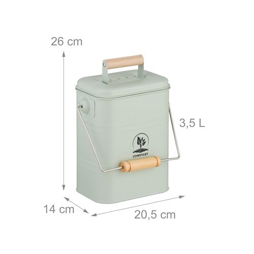 Relaxdays Kitchen Compost Bin, 3.5 Litres, Iron & Wood, 2 Charcoal Odour Filters, Lid & Handle, Food Waste Caddy, Green - Image 4