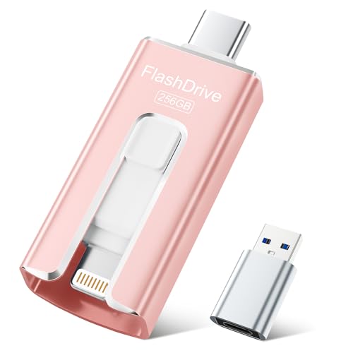 SUDEHO USB Stick 256GB for iPhone, MFi Certified USB-C & Lightning Memory Stick, 3-in-1 USB 3.0 Flash Drive for iPhone/iPad/Android/PC, High-Speed Photo & Video Backup, Easy File Storage, Pink