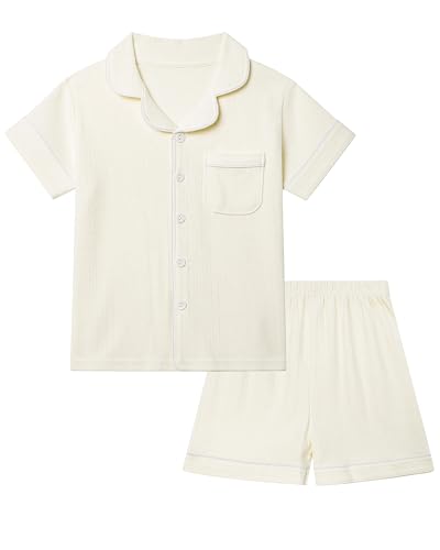KAKU NANU Schlafanzug Mädchen Kurz Set Pyjama Baumwolle Sommer Pyjama Kinder Beige Clean Girl Klamotten 128 134