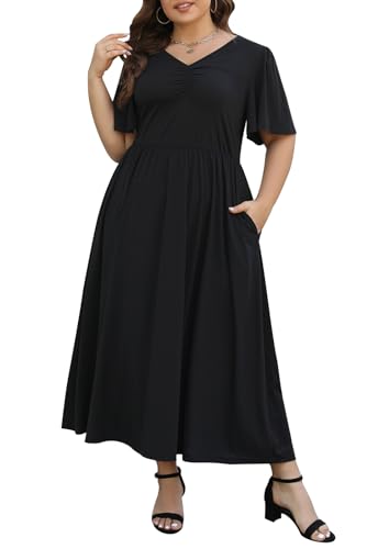 Image of Keluummi Plus Size Maxi Dress for Women Floral Empire Waist V-Neck 3 /4 Sleeve with Pockets