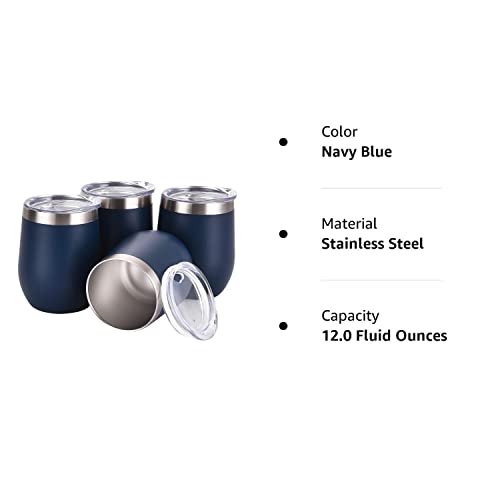 Romantic 4 Pack 12Oz Stemless Wine Tumbler Wine Glasses Set Stainless Steel Wine Tumbler Cups With Lid And Straw Set Of 4 Shatterproof - Novelty Gifts For Men Women Or Family Party Use, Navy Blue #TOP7