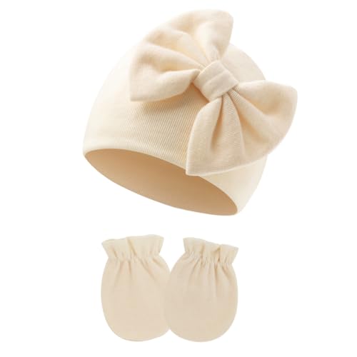 VODAFQS Bonnet Naissance et Moufles de Protection Bébé, Ensemble Doux et Tricoté en Coton de Haute Qualité pour Bébé Fille Garçon 0-6 Mois, Abricot