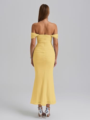 Image of KUTUMAI Off The Shoulder Maxi Long Dress Corset Ruched Bodycon Cocktail Formal Wedding Guest Dresses for Women