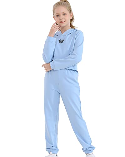 Kucnuzki Teen Girl Clothes Size 12 Big Girl Outfits Blue Crop Tops Sweatpants Girls Hoodies Sweatsuit Tracksuit Fashion Aesthetic Clothes For Girls 11-12 Years #TOP24
