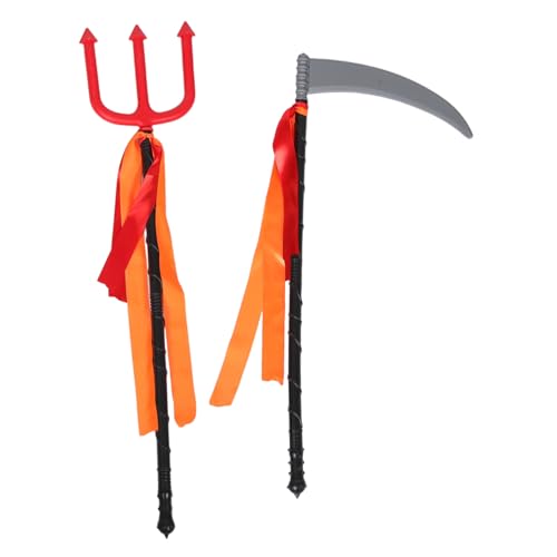 Ipetboom 2 Pièces Accessoires Démon Halloween pour Adultes et Garçon Fille Faux Trident Rouge et Faucille Grise Plastique Accessoires de Costume Réutilisables et Réalistes pour Fêtes et