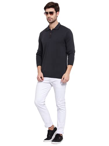 Image of Kalt Mens Basic Solid Full Sleeves Polo Cotton Blend Knitted Regular Fit Polo-Neck T-Shirts with Collar Stylish