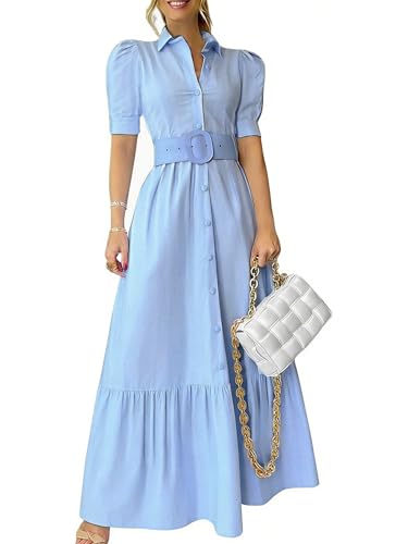 Image of utcoco Womens Striped Button Down Shirt Dress Casual Puff Short Sleeve Ruffle Hem Maxi Dresses with Belt