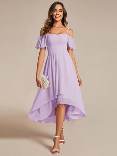 Image of Ever-Pretty Women's Summer Cold Shoulder Hi-Lo Asymmetrical Hem Flowy Chiffon Short Wedding Guest Dress 02103