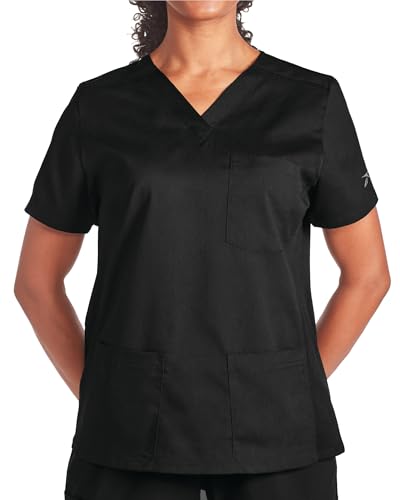 Reebok Womens V-Neck Scrub Top, Stretch Medical Scrubs, 4 Pockets Black