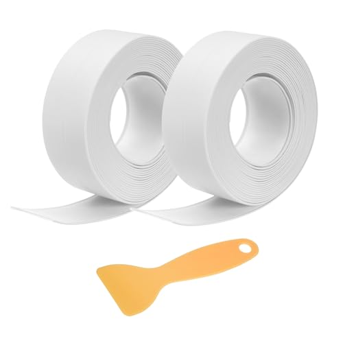 Image of uxcell 2 Rolls Caulk Tape, Caulking Strip Tape, 0.9 inch x 10.5Ft PVC Waterproof Self-Adhesive Sealing Tape for Kitchen Bathroom Toilet Sink Floor Corner Edge with Sealing Tool, White