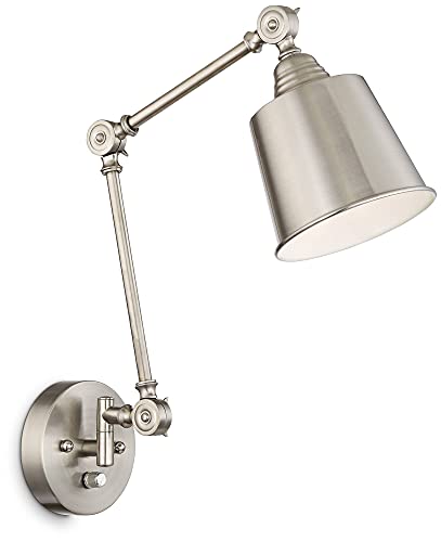 360 Lighting Mendes Modern Industrial Adjustable Swing Arm Wall Lamps with Cord Set of 2 Brushed Nickel Plug in Light Fixture Dimmable Metal Shade Bedroom Bedside House Reading Living Room