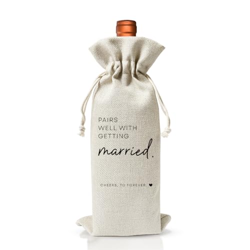 Wedding Or Engagement Gift Wine Bag For Couple Bride Groom Her Him Women, Wedding Or Engagement Party Decorations Favors, New Bride Gift Idea, Paris Well With Getting Married, Cotton Linen Wine Bag