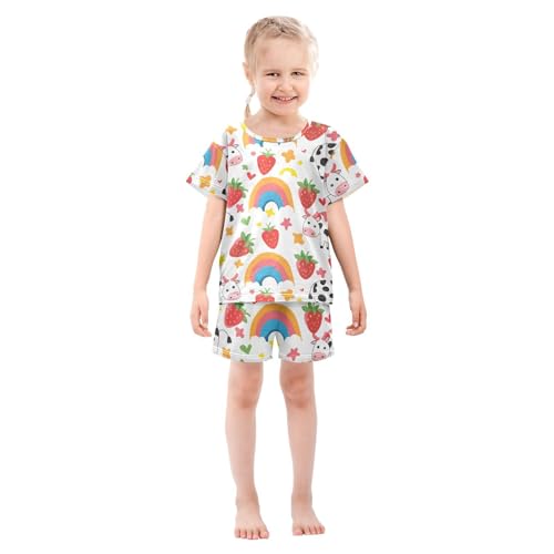 ALAZA Strawberry Rainbow Cow Love Heart Pajamas Short Sleeve 2 Piece Sleepwear Top and Bottom Pajama Set Unisex3