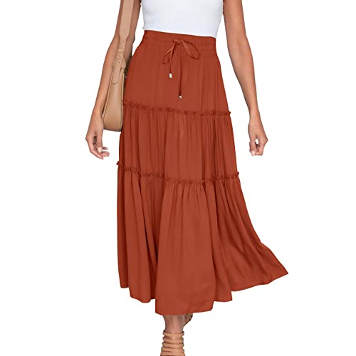 Casual Elastic Waist Summer Boho Skirts for Women Plus Size Stretchy Drawstring Maxi Skirt Layered Ruffle Dress