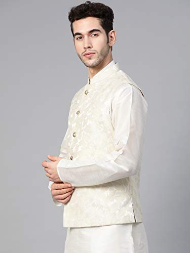 Image of MANQ Men Cream Woven Jaquard Silk Nehru Jacket (Size:34)