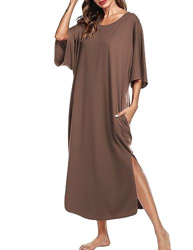 Ekouaer Women's Nightgown Short Sleeve Sleepshirt Long Loungewear Casual Maxi Lounge Dress House Dresses with Pockets,Coffee,XXL