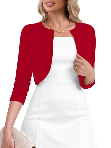 Heymoments Women's Thin Shrugs for Dresses Red Large Open Front 3/4 Sleeve Knit Lightweight Crop...