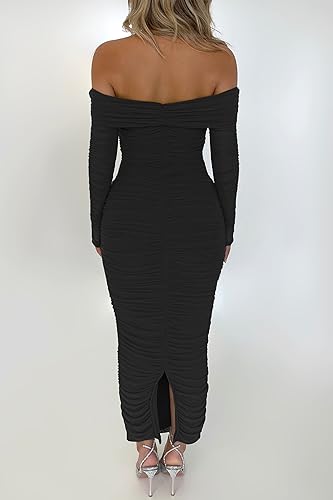 PRETTYGARDEN Women's Fall Off The Shoulder Maxi Dress Spring Long Sleeve Ruched Fitted Bodycon Club Dresses with Slit
