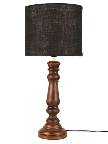 Image of Green Girgit Classic Wooden Lamp in Walnut Brown Color with Jute Black Shade, Vintage Style Table Lamp with Wooden Base, Black Fabric Shade, Traditional Design for Bedroom (LED Bulb Included)