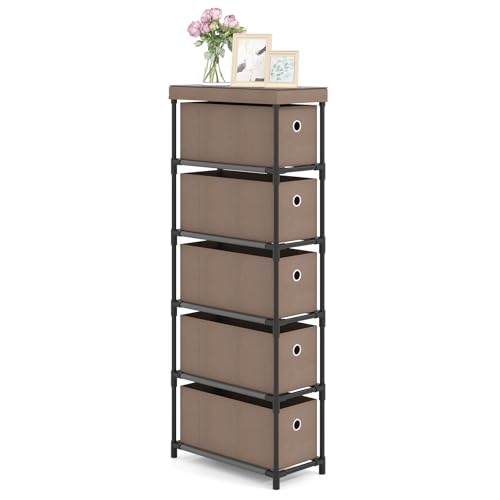 COSTWAY Commode Tissu Étroit 5 Tiroirs, Petit Commode Rangement Chambre, Plateau Bois, Cadre en Métal, Design Compact, Meuble 19 cm de Largeur pour Petit...