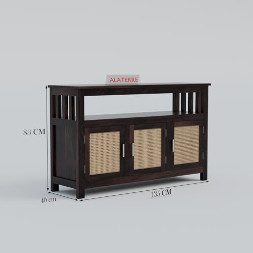 Image of ALATERRE Wooden Sideboard Cabinet with Cane Doors | 3 Door Storage Cabinet with Open Shelf | Solid Wood Buffet Table for Living Room, Dining Room & Entryway (Walnut Finish)