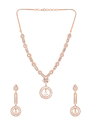 Image of Yellow Chimes Jewellery Set for Women and Girls American Diamond Jewellery Set | Rosegold Rhodium Plated AD Necklace Set for Women | Birthday Gift for Girls & Women
