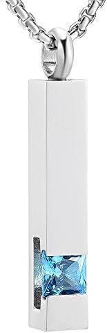 EternityMemory Inlay Multi-Colored Square Crystal Bar Cremation Urn Necklace Holder for Ashes - Engravable (Light Blue Stone)