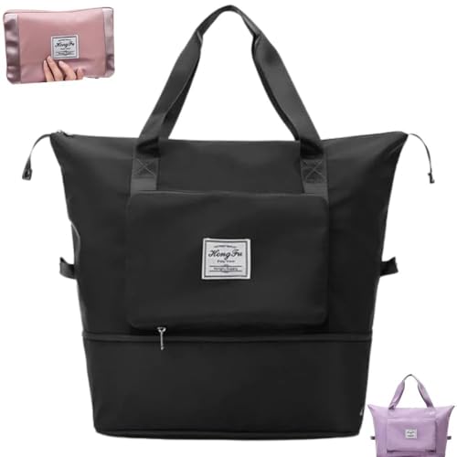 Bolsa de Viagem Dobrável e Expansível Grande Capacidade Impermeável para Academia e Fitness Mala Tote Bag Multiuso (COM bolso na frente, PRETA)