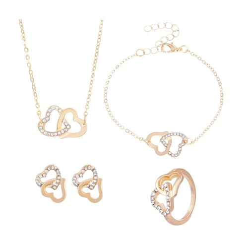 FDEETY 4 Stück Herz Schmuckset Damen Kristall Halskette Ohrringe Armband Ring Elegante Schmuck Kollektion Doppelherz Anhänger Damenschmuck